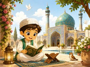 طرح رنگآمیزی مذهبی کودک | مسجد ایرانی و قرآن