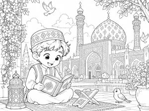 طرح رنگ‌آمیزی مذهبی کودک | مسجد ایرانی و قرآن