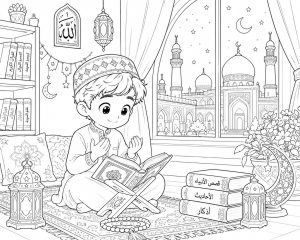 طرح رنگآمیزی مذهبی کودک | مسجد ایرانی و قرآن