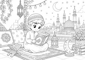 طرح رنگ‌آمیزی مذهبی کودک | مسجد ایرانی و قرآن