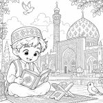 طرح رنگ‌آمیزی مذهبی کودک | مسجد ایرانی و قرآن